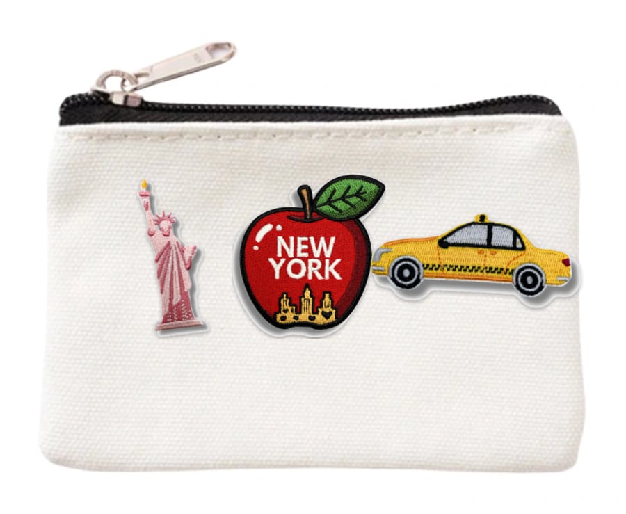 Little Wallet, Big City: Wallet in 5in x 3.3in / White with 3 patches